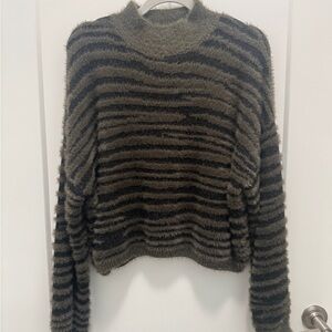 Striped Fuzzy Sweater - Olive and Black